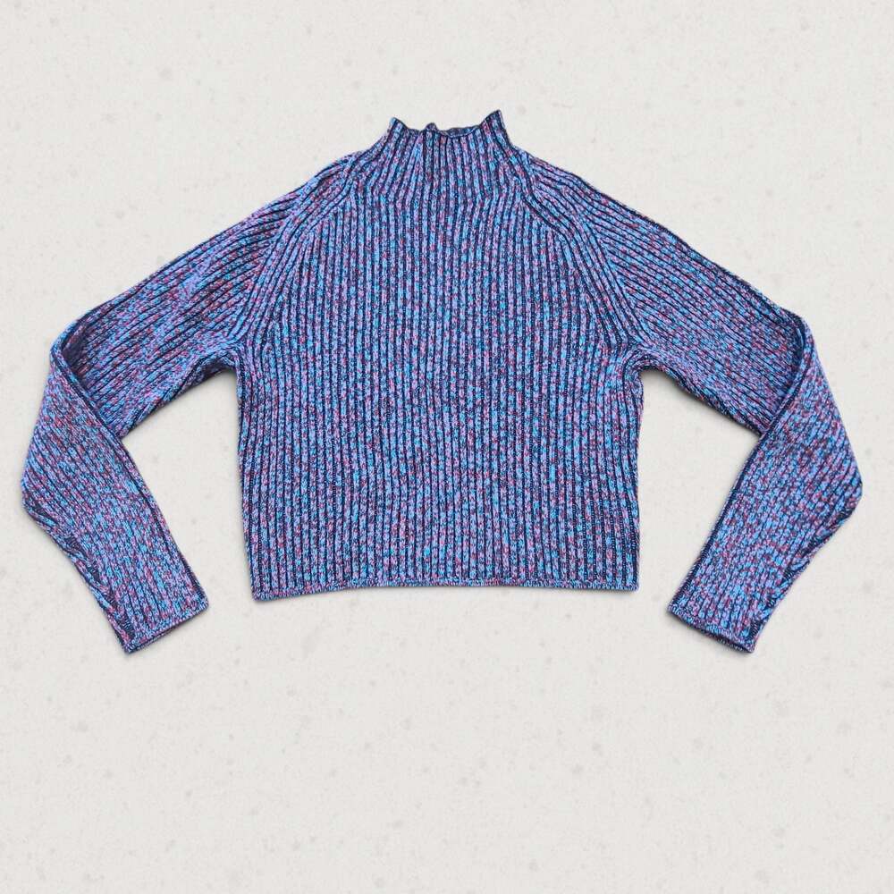 Lululemon Mock Neck Ribbed Knit Sweater Size 2 Blue Pink Marled Wool LW3GKGS